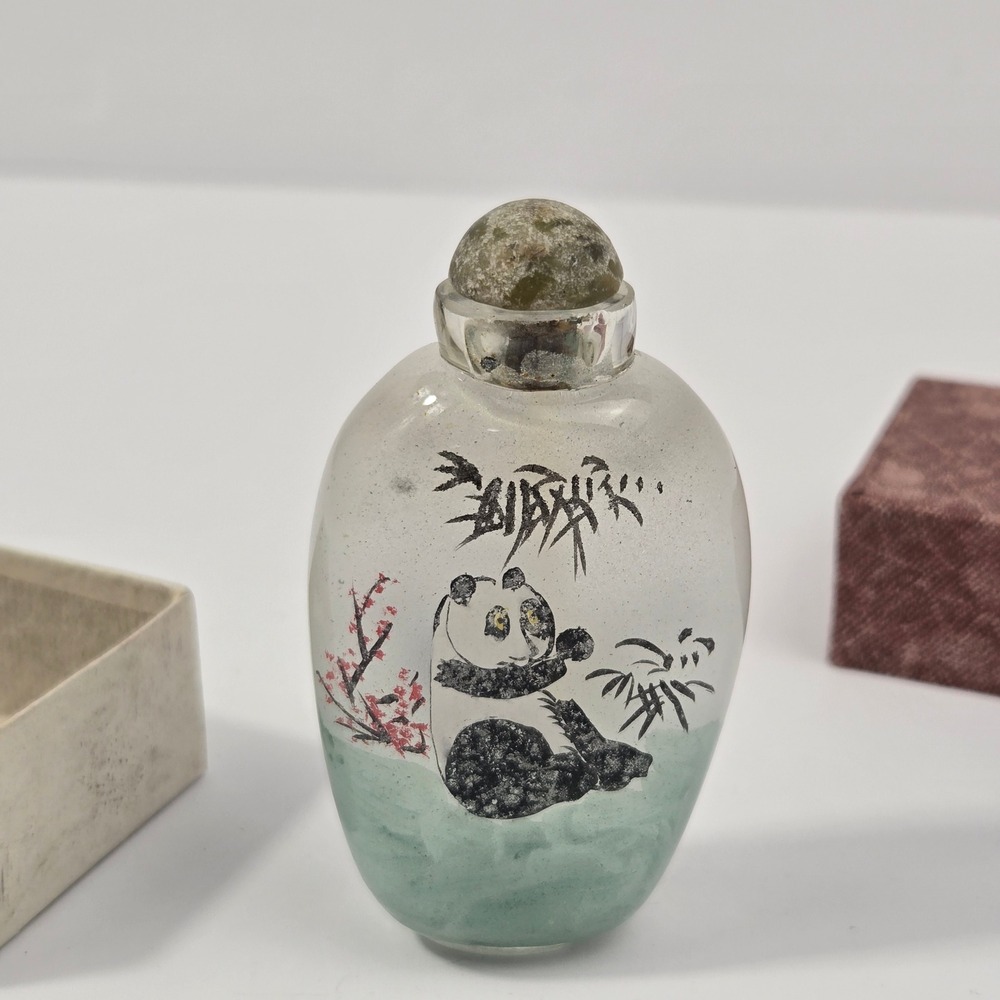 Vintage Chinese Hand Painted Inside Glass Snuff Bottle Panda Bamboo Stone Lid